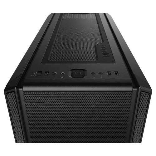 Boîtier PC Be Quiet! noir avec une façade en mesh perforée et une façade avant comportant un bouton d'alimentation et des ports USB.