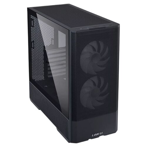 Boîtier PC Lian Li noir avec une façade en mesh perforée équipée de deux ventilateurs et une paroi latérale en verre trempé.