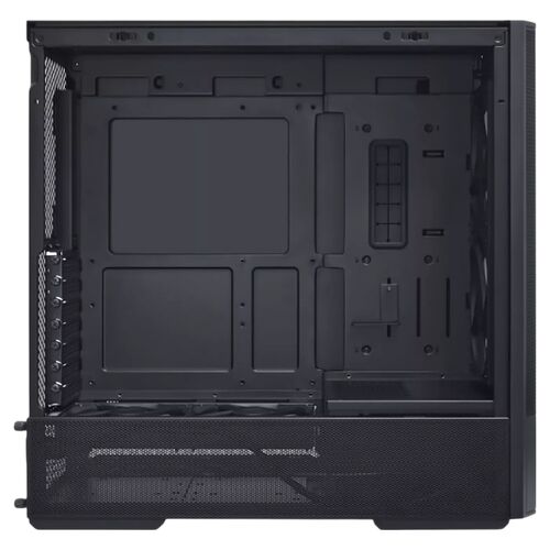 Boîtier PC noir avec une structure interne minimaliste, comprenant des emplacements pour composants et des zones de ventilation.