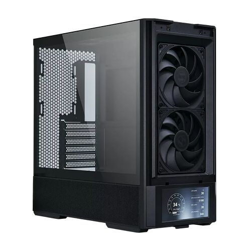 Boîtier PC noir avec panneau latéral en verre trempé et deux ventilateurs noirs installés à l'avant. Un petit écran numérique affiche les températures et les fréquences sur le côté inférieur.