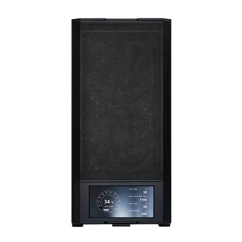 Boîtier PC noir avec une façade en mesh et un écran LCD intégré affichant les statistiques de performance comme la température du CPU.