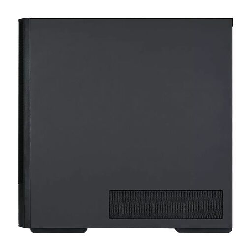 Boîtier PC noir minimaliste avec une grille de ventilation située en bas à droite.