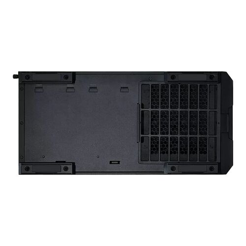 Vue de dessus d'un boîtier PC noir avec une grille de ventilation sur le côté droit.