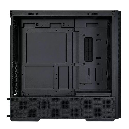 Boîtier PC noir avec panneau latéral en verre trempé et façade en mesh pour une meilleure circulation de l'air.