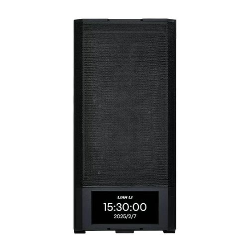 Enceinte de bureau noire Lian Li avec un écran numérique affichant l'heure et la date.