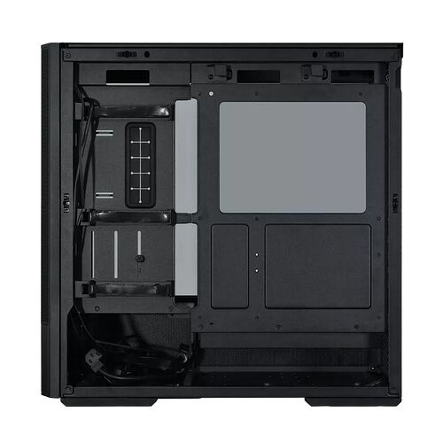 Boîtier PC noir avec une structure interne vide, montrant les emplacements pour la carte mère, l'alimentation et les composants.
