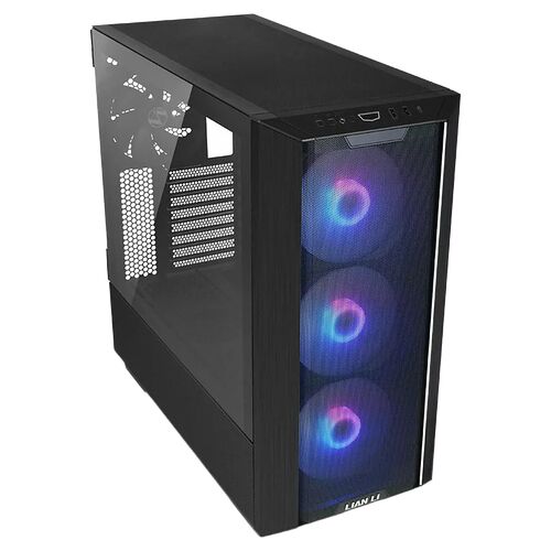Boîtier PC Lian Li noir avec une façade en mesh et trois ventilateurs rétroéclairés en bleu et violet. Il possède un panneau latéral en verre trempé transparent.