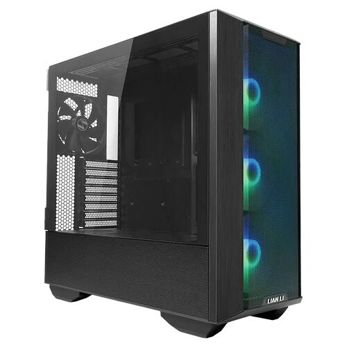 Boîtier PC Lian Li noir avec panneau latéral en verre trempé et trois ventilateurs avant rétroéclairés en RGB.