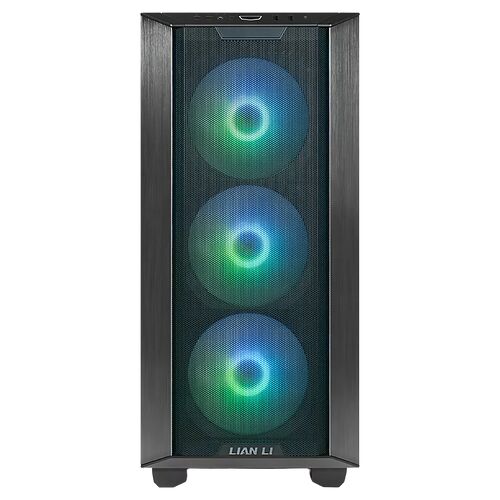 Boîtier PC Lian Li avec trois ventilateurs à éclairage RGB intégrés sur la façade avant.