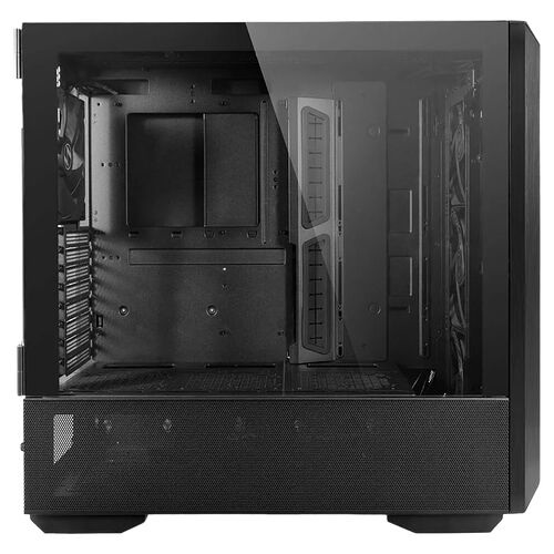 Boîtier PC noir avec panneau latéral en verre trempé et façade en mesh pour une meilleure circulation de l'air.