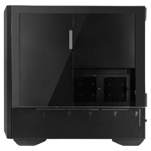 Boîtier PC noir avec une façade vitrée et une grille de ventilation sur la partie inférieure.