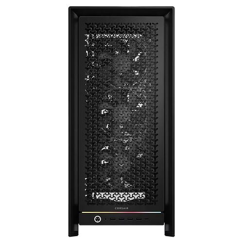Boîtier PC Corsair noir avec une façade en mesh perforée et un logo éclairé sur la partie inférieure.