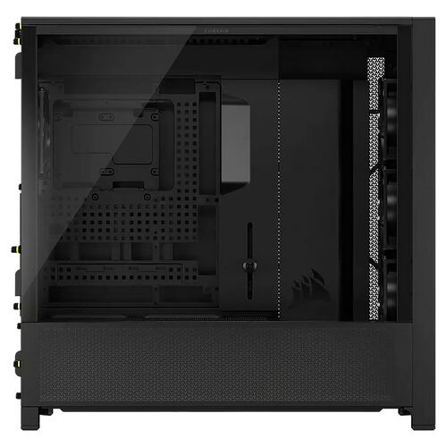 Boîtier PC Corsair noir avec panneau latéral en verre trempé et façade en mesh pour une circulation d'air optimale.