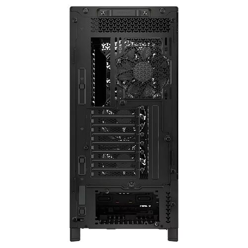 Vue arrière d'un boîtier PC noir avec ses grilles de ventilation, ses emplacements d'extension et son emplacement pour l'alimentation.
