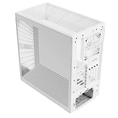 Boîtier PC blanc de la marque HYTE avec une structure grillagée pour une ventilation optimale.