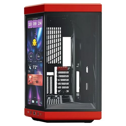 Un boîtier PC rouge avec une vitre latérale transparente et un écran LCD intégré affichant l'heure et des informations système. L'intérieur laisse entrevoir des composants informatiques sur un châssis noir.