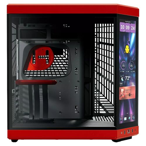 Boîtier PC compact de couleur rouge avec une vitre latérale et un écran numérique intégré affichant l'heure et des informations système.