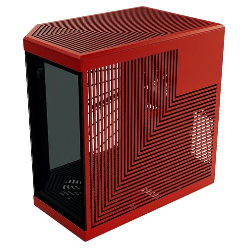 Boîtier PC rouge avec une façade et un dessus à lattes de ventilation et un panneau latéral en verre trempé.