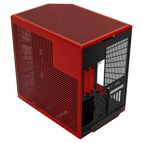 Boîtier PC compact de couleur rouge avec une structure à lamelles sur les côtés et un panneau avant noir perforé.