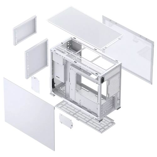 Boîtier PC blanc déconstruit montrant les panneaux latéraux, le châssis interne et la structure de montage.