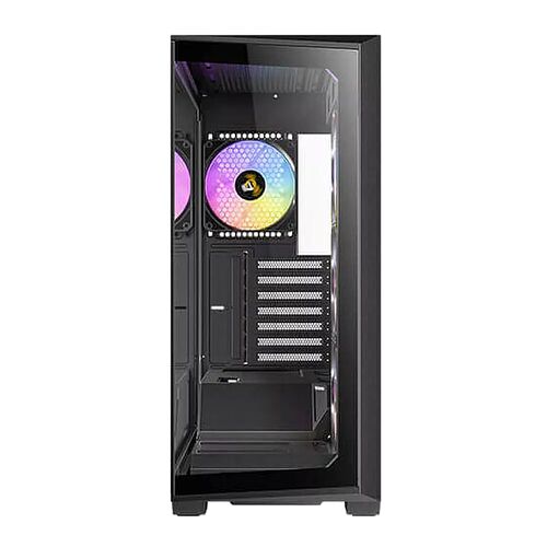 Boîtier PC noir avec une paroi latérale en verre trempé et un ventilateur avec éclairage RGB multicolore à l'intérieur.