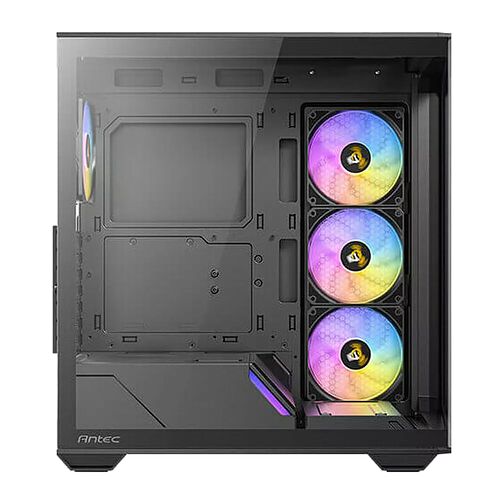 Boîtier PC Antec noir avec une paroi latérale en verre trempé et trois ventilateurs RGB installés à l'avant.