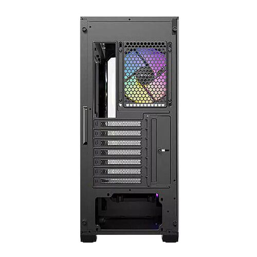 Boîtier PC noir avec une fenêtre latérale transparente et un ventilateur arrière rétroéclairé en RGB. Il dispose de plusieurs emplacements d'extension à l'arrière.