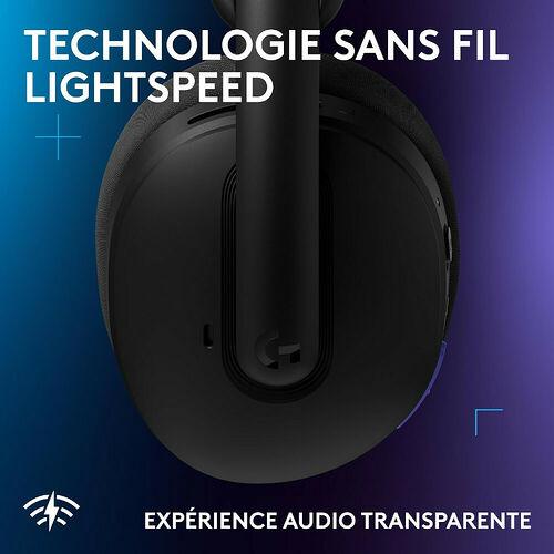 Casque sans fil Logitech avec technologie Lightspeed et expérience audio transparente.
