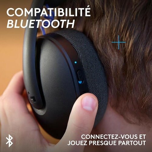 Un casque audio noir porté par une personne, mettant en avant sa compatibilité Bluetooth. Le texte indique qu'il est possible de se connecter et de jouer presque partout.