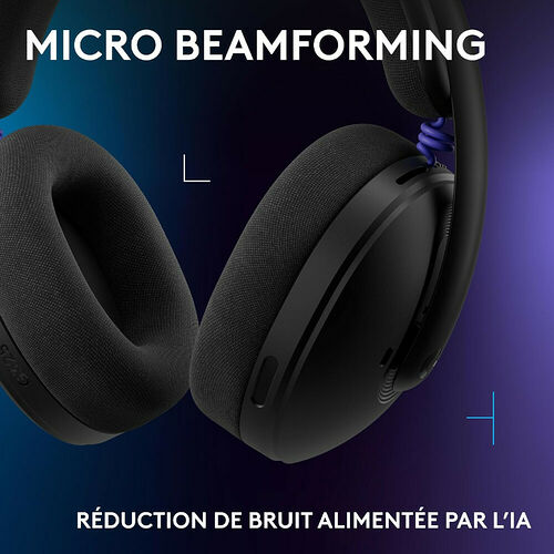 Casque audio noir avec coussinets confortables, mettant en avant la technologie de réduction de bruit par IA et le micro beamforming.