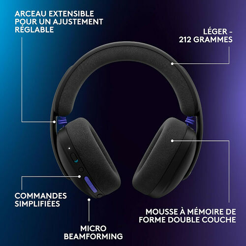 Casque audio noir avec arceau extensible, coussinets en mousse à mémoire de forme et commandes simplifiées sur l'écouteur.