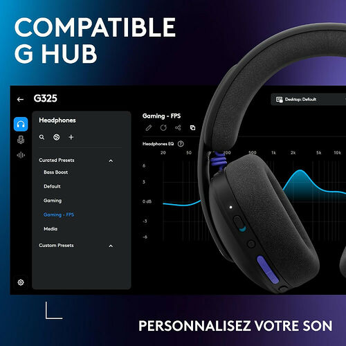 Interface du logiciel Logitech G HUB affichant les réglages d'égalisation pour un casque Logitech, avec une option de préréglage "Gaming - FPS" sélectionnée.