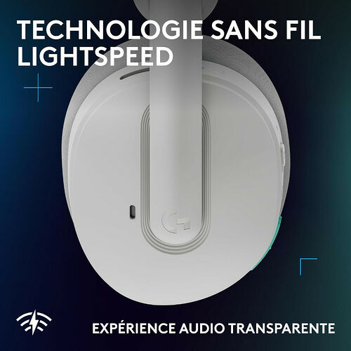 Casque sans fil Logitech blanc avec technologie Lightspeed et expérience audio transparente.