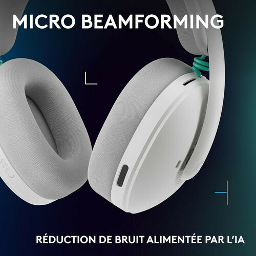 Casque blanc avec coussinets gris, mettant en avant la technologie de réduction de bruit par IA et le micro beamforming.
