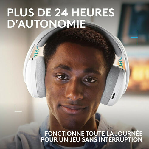 Un homme porte un casque audio sans fil blanc. Le texte indique une autonomie de plus de 24 heures pour un jeu sans interruption.