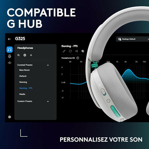 Casque Logitech blanc présenté à côté de l'interface du logiciel G HUB affichant les réglages d'égalisation pour le mode Gaming - FPS.