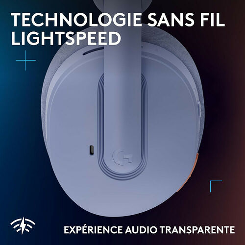 Casque sans fil Logitech de couleur bleu clair, mettant en avant la technologie Lightspeed et une expérience audio transparente.