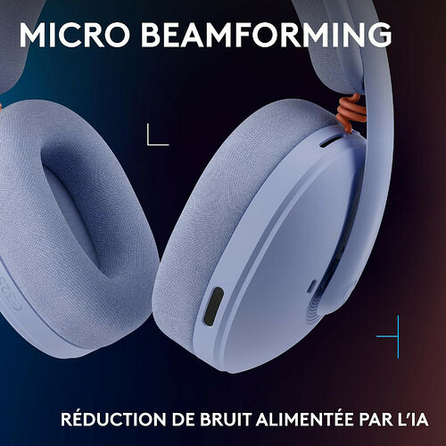 Casque audio bleu clair avec coussinets confortables, mettant en avant la technologie de réduction de bruit par IA et le micro beamforming.