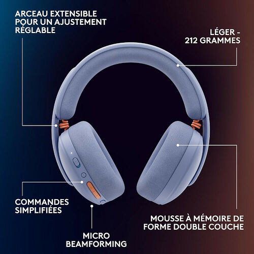 Casque audio bleu clair avec arceau extensible, commandes simplifiées et mousse à mémoire de forme. Il dispose également d'un micro beamforming.