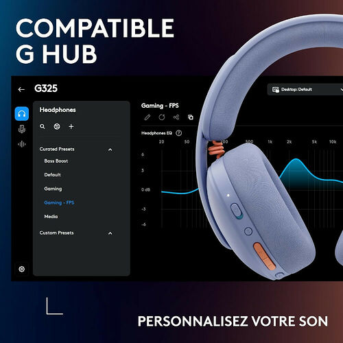 Casque Logitech bleu présenté avec l'interface du logiciel G HUB affichant des réglages d'égaliseur pour personnaliser le son.