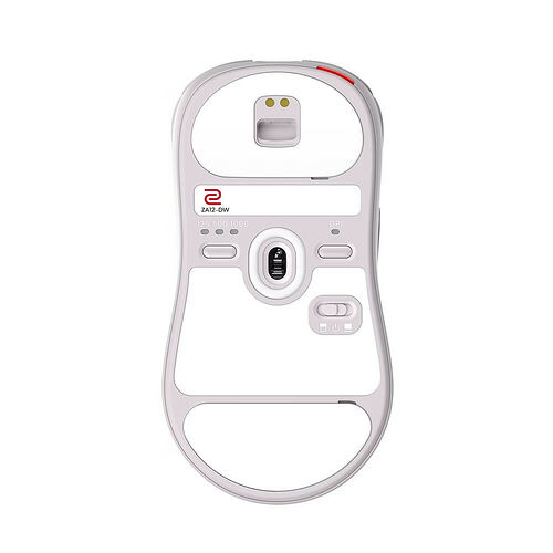 Souris sans fil blanche avec capteur optique visible sur le dessous, incluant des boutons de réglage DPI et un bouton d'alimentation.