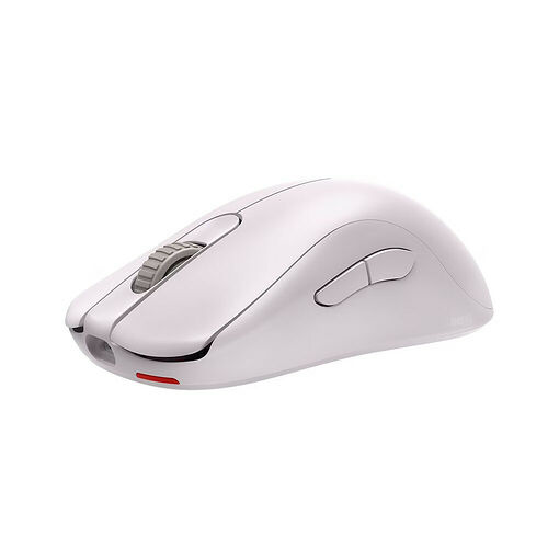 Souris sans fil Logitech de couleur blanche avec une molette de défilement grise et un bouton latéral.