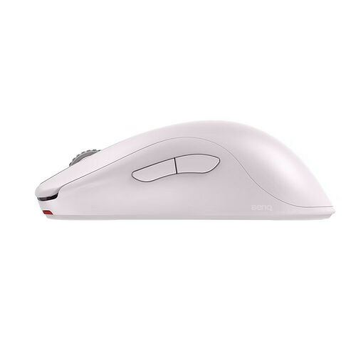 Souris BenQ de couleur blanche avec un design ergonomique et une molette de défilement grise.