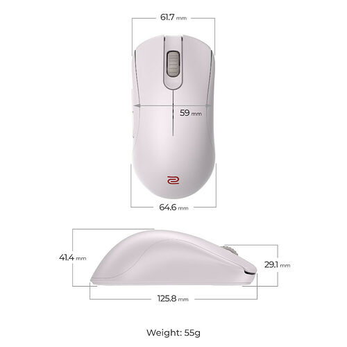 Une souris sans fil de couleur blanche avec des dimensions détaillées et un poids de 55g. Elle présente un design ergonomique et un logo rouge sur le dessus.