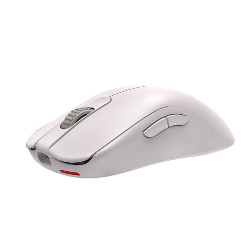 Souris sans fil blanche avec une molette de défilement grise et un bouton latéral.