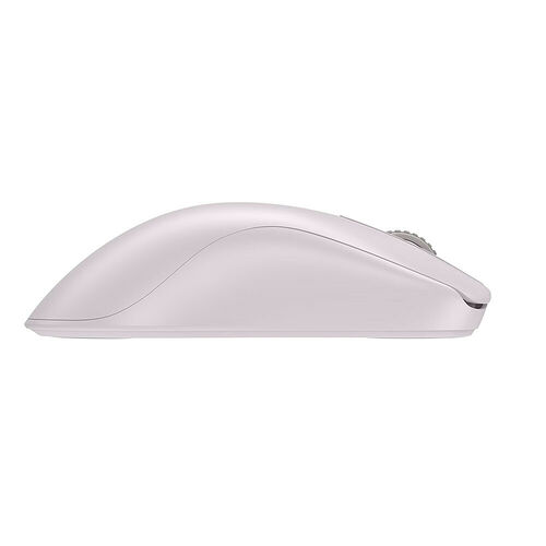 Souris sans fil de couleur rose pâle avec un design ergonomique et profilé.
