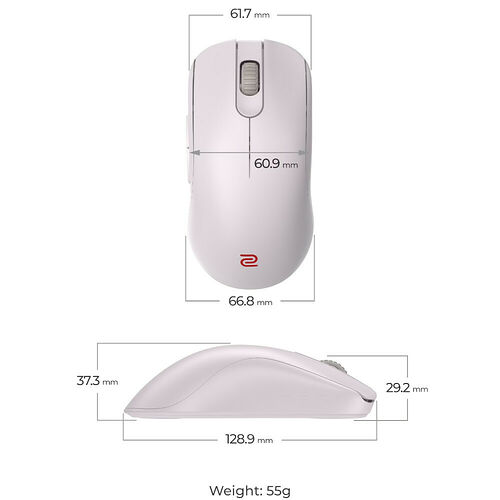 Une souris sans fil blanche de marque Logitech, présentée avec ses dimensions et son poids de 55g. L'image montre la souris de dessus et de profil avec des mesures précises.