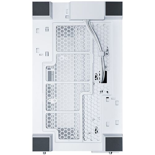 Vue arrière d'un boîtier PC blanc avec une structure en nid d'abeille pour la ventilation et des emplacements pour les câbles.