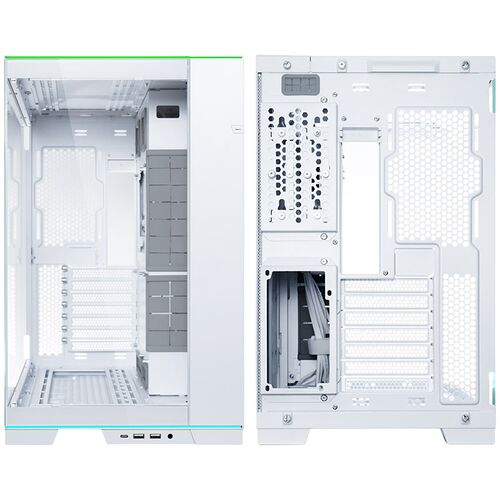 Boîtier PC blanc avec panneau latéral en verre trempé et vue sur l'intérieur et l'arrière du châssis.