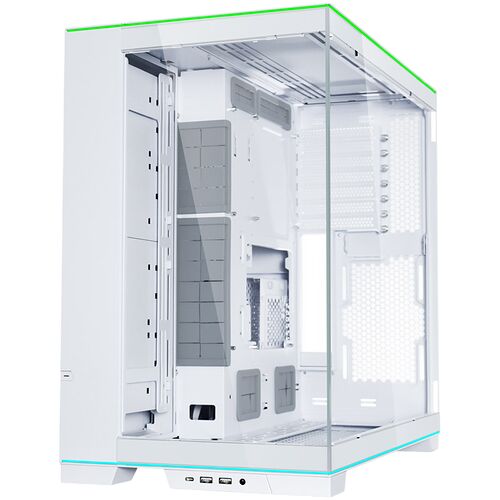 Boîtier PC blanc avec panneau latéral en verre trempé, montrant l'intérieur vide et les emplacements pour composants.
